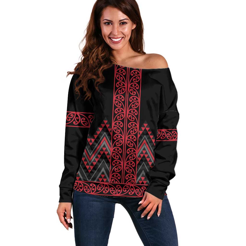 Red Aotearoa Mangopare Kowhaiwhai and Niho Taniwha Off Shoulder Sweater Maori New Zealand