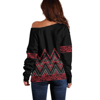 Red Aotearoa Mangopare Kowhaiwhai and Niho Taniwha Off Shoulder Sweater Maori New Zealand