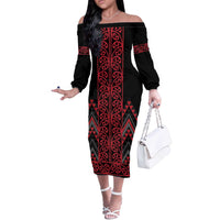 Red Aotearoa Mangopare Kowhaiwhai and Niho Taniwha Off The Shoulder Long Sleeve Dress Maori New Zealand