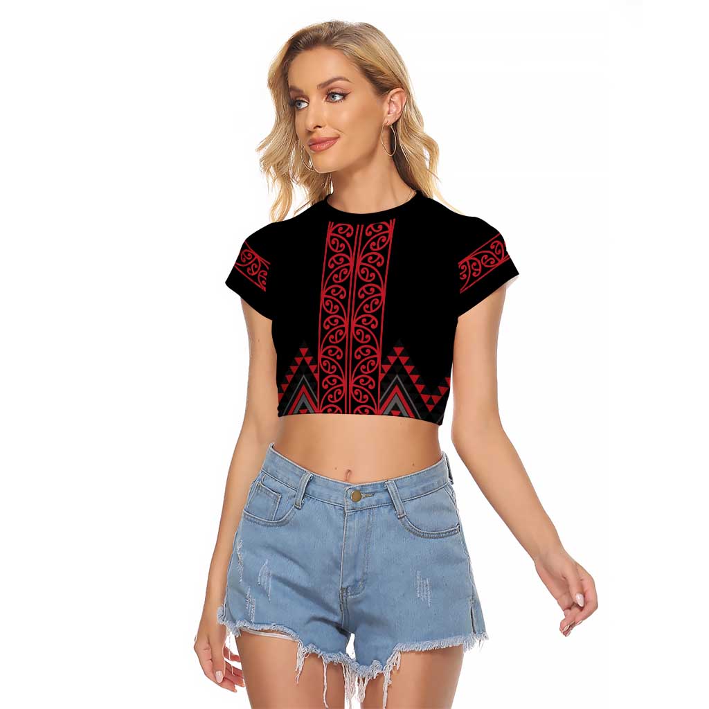Red Aotearoa Mangopare Kowhaiwhai and Niho Taniwha Raglan Cropped T Shirt Maori New Zealand