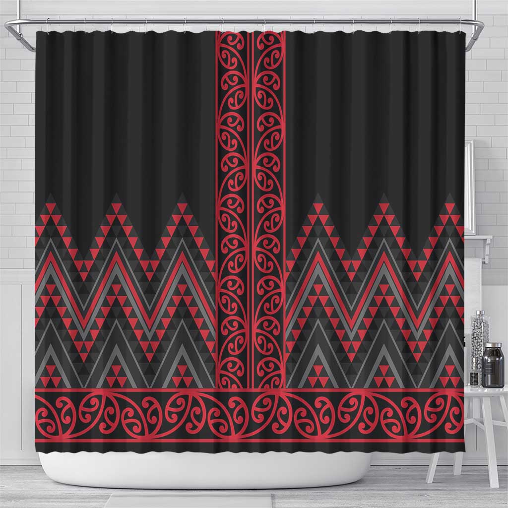 Red Aotearoa Mangopare Kowhaiwhai and Niho Taniwha Shower Curtain Maori New Zealand