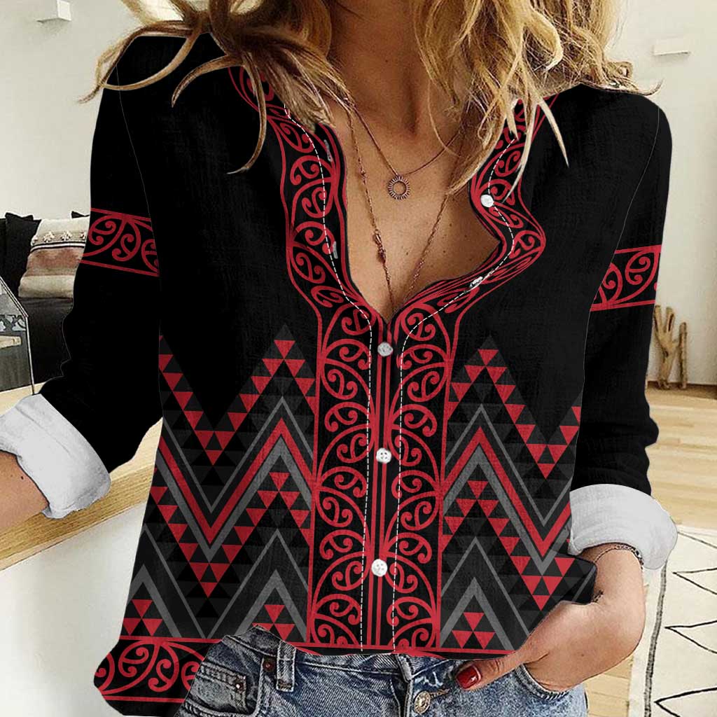 Red Aotearoa Mangopare Kowhaiwhai and Niho Taniwha Women Casual Shirt Maori New Zealand