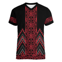 Red Aotearoa Mangopare Kowhaiwhai and Niho Taniwha Women V-Neck T-Shirt Maori New Zealand