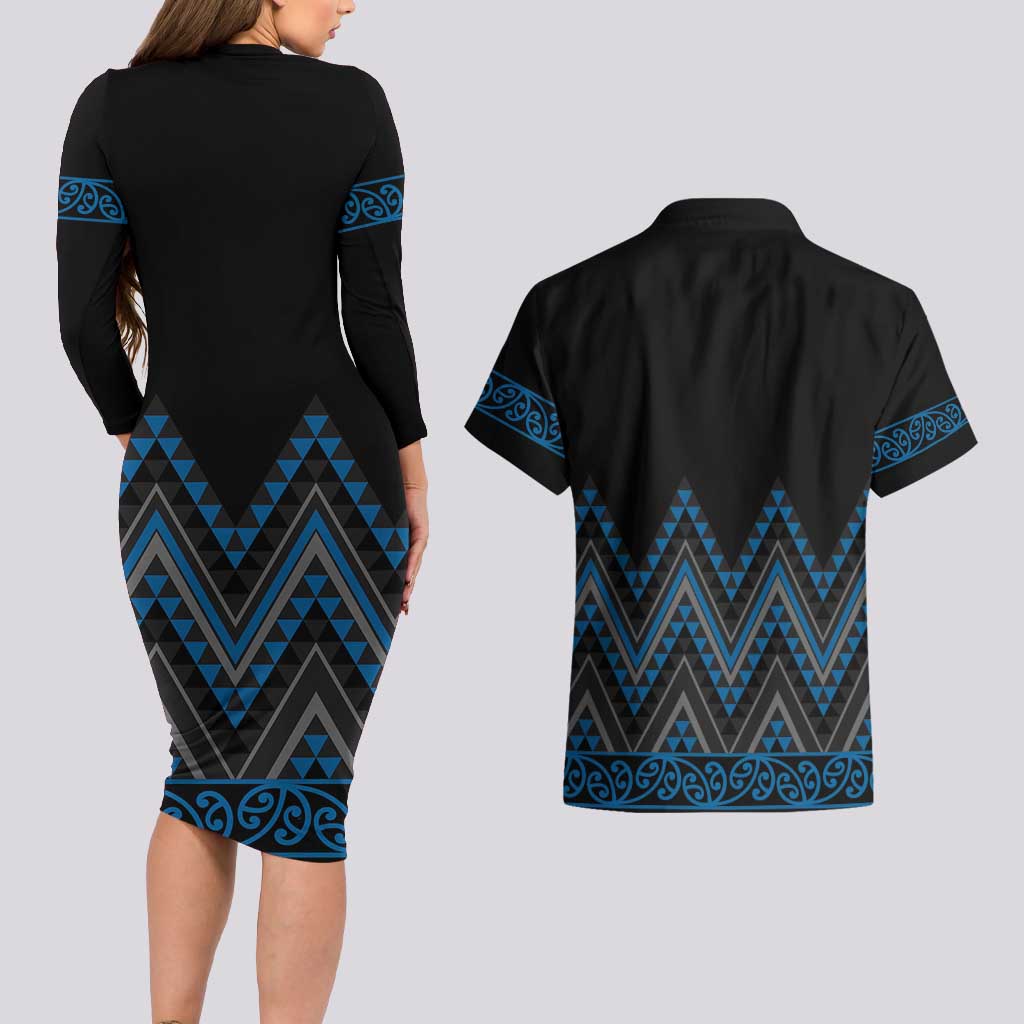 Blue Aotearoa Mangopare Kowhaiwhai and Niho Taniwha Couples Matching Long Sleeve Bodycon Dress and Hawaiian Shirt Maori New Zealand