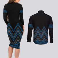 Blue Aotearoa Mangopare Kowhaiwhai and Niho Taniwha Couples Matching Long Sleeve Bodycon Dress and Long Sleeve Button Shirt Maori New Zealand