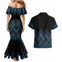 Blue Aotearoa Mangopare Kowhaiwhai and Niho Taniwha Couples Matching Mermaid Dress and Hawaiian Shirt Maori New Zealand