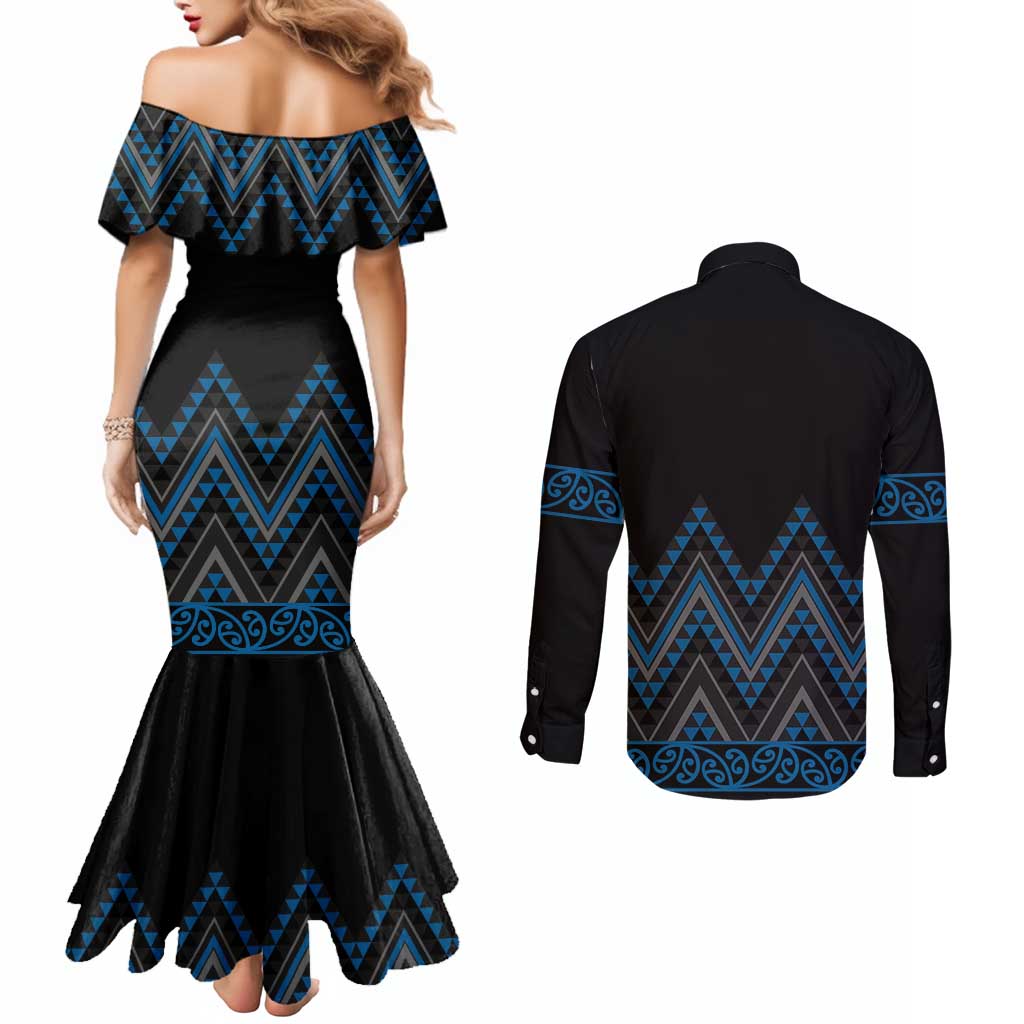 Blue Aotearoa Mangopare Kowhaiwhai and Niho Taniwha Couples Matching Mermaid Dress and Long Sleeve Button Shirt Maori New Zealand