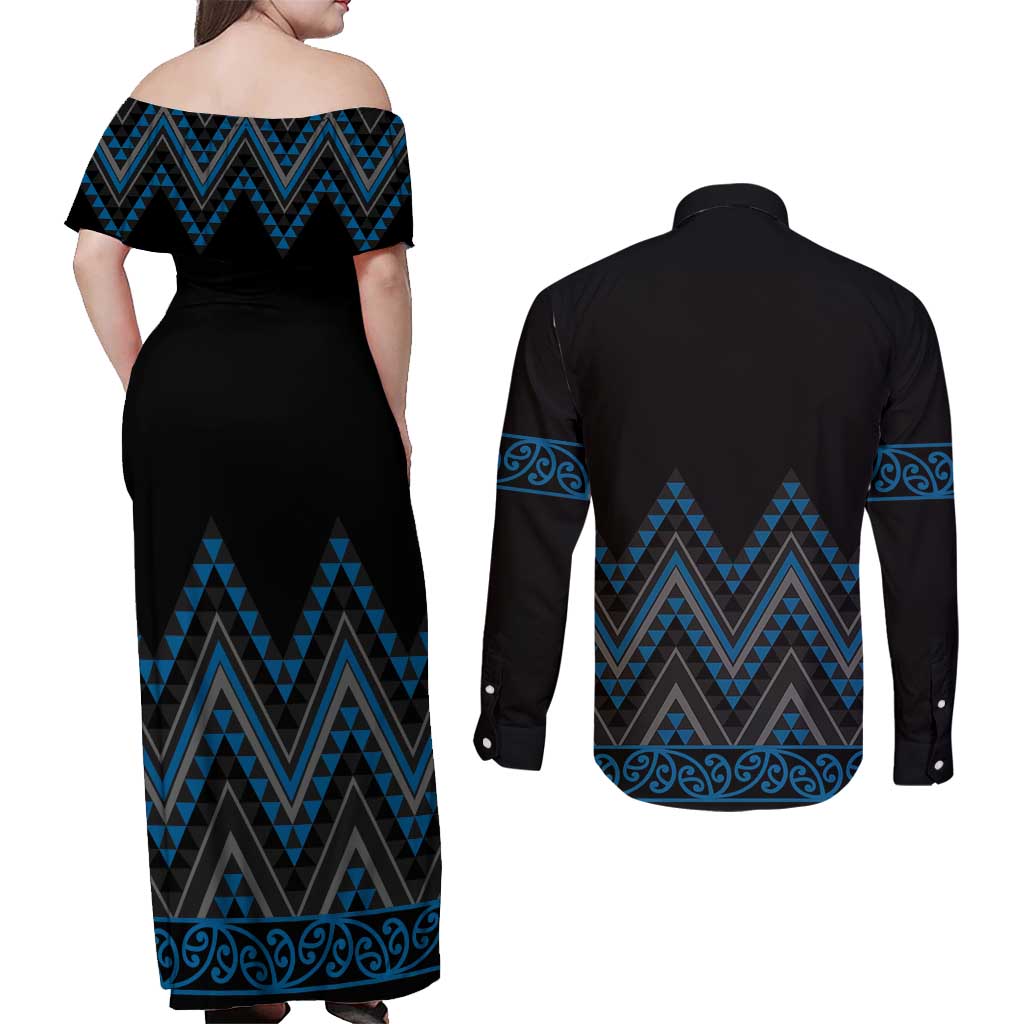 Blue Aotearoa Mangopare Kowhaiwhai and Niho Taniwha Couples Matching Off Shoulder Maxi Dress and Long Sleeve Button Shirt Maori New Zealand