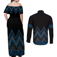 Blue Aotearoa Mangopare Kowhaiwhai and Niho Taniwha Couples Matching Off Shoulder Maxi Dress and Long Sleeve Button Shirt Maori New Zealand