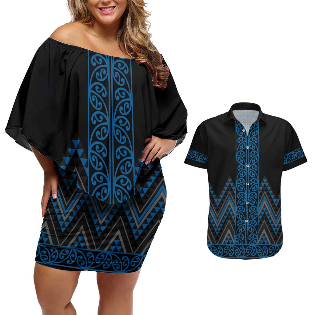 Blue Aotearoa Mangopare Kowhaiwhai and Niho Taniwha Couples Matching Off Shoulder Short Dress and Hawaiian Shirt Maori New Zealand