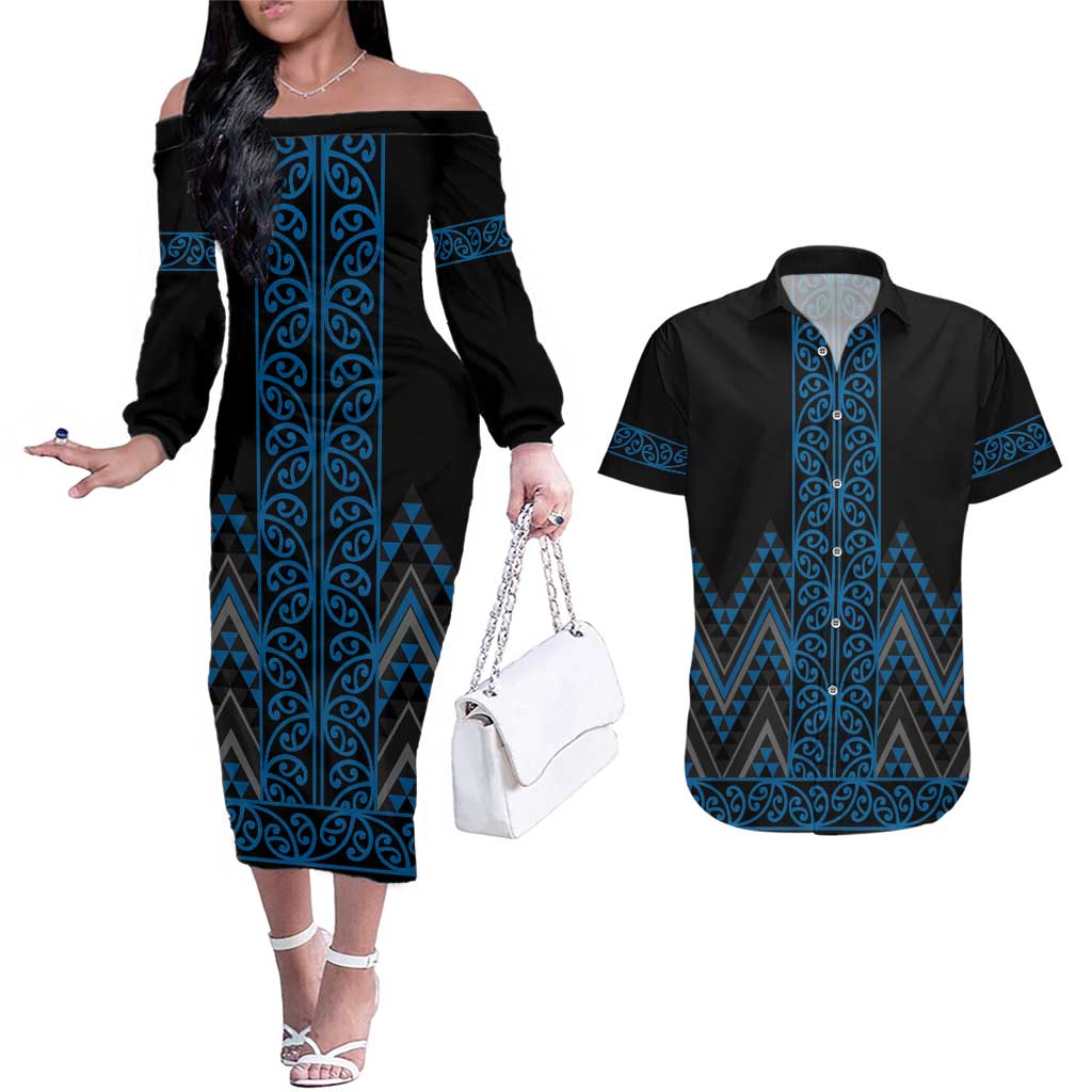 Blue Aotearoa Mangopare Kowhaiwhai and Niho Taniwha Couples Matching Off The Shoulder Long Sleeve Dress and Hawaiian Shirt Maori New Zealand