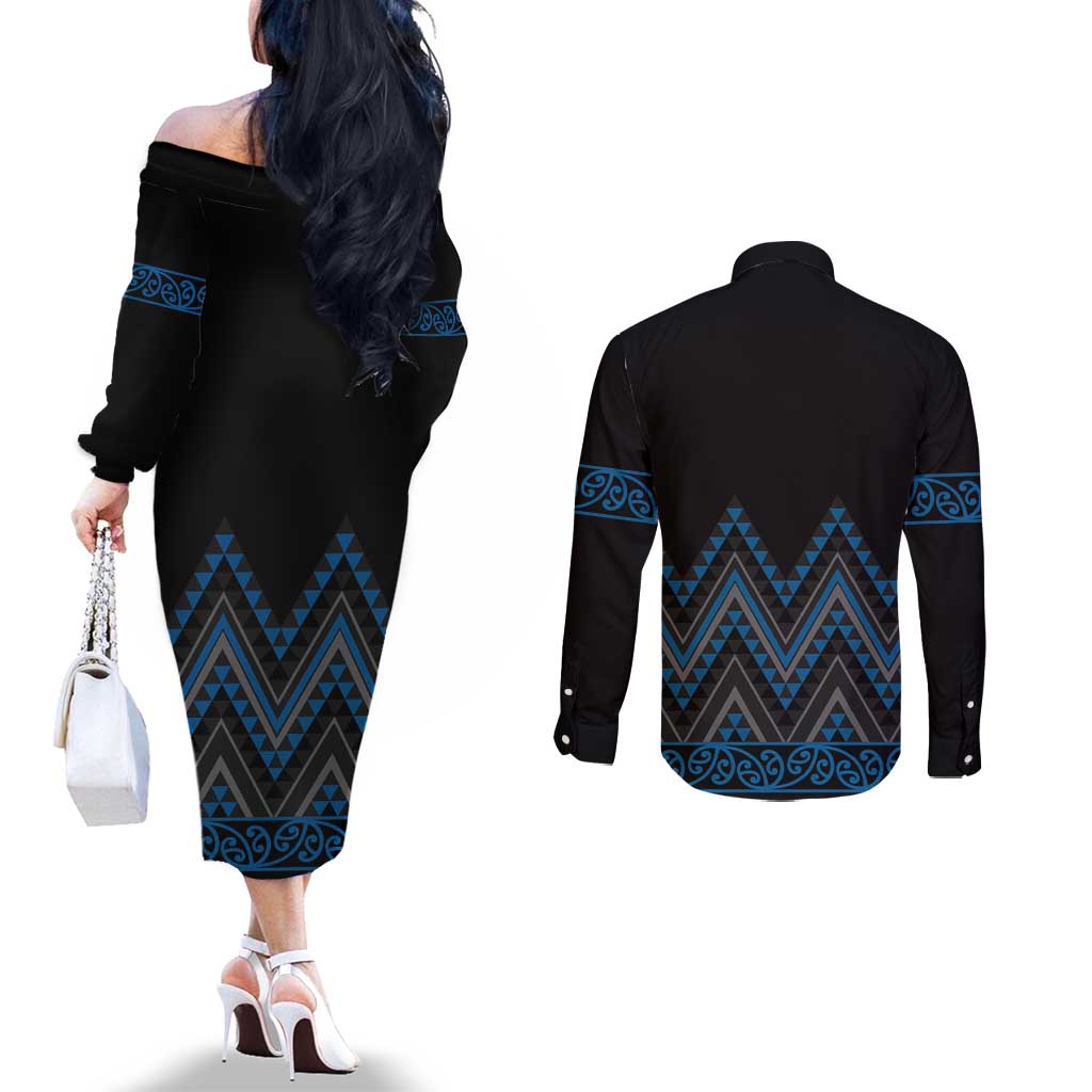 Blue Aotearoa Mangopare Kowhaiwhai and Niho Taniwha Couples Matching Off The Shoulder Long Sleeve Dress and Long Sleeve Button Shirt Maori New Zealand