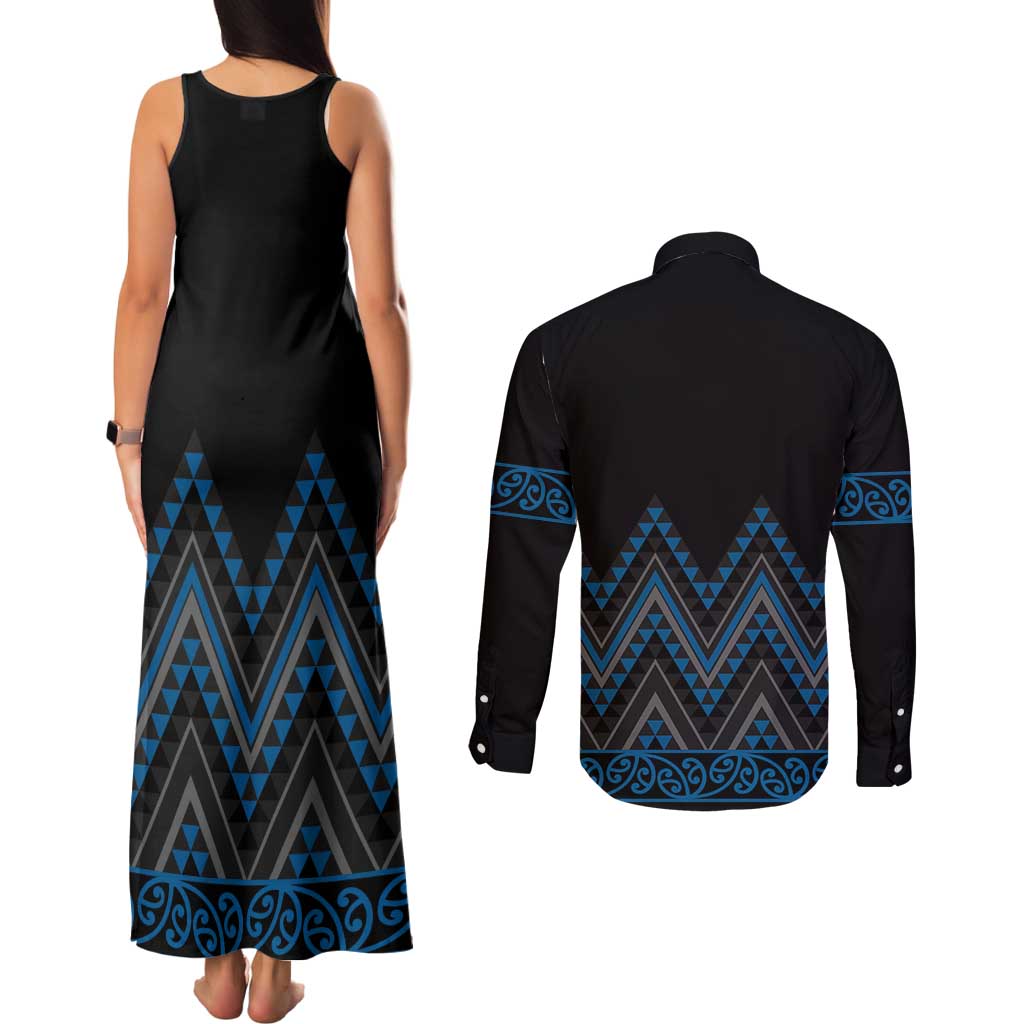 Blue Aotearoa Mangopare Kowhaiwhai and Niho Taniwha Couples Matching Tank Maxi Dress and Long Sleeve Button Shirt Maori New Zealand