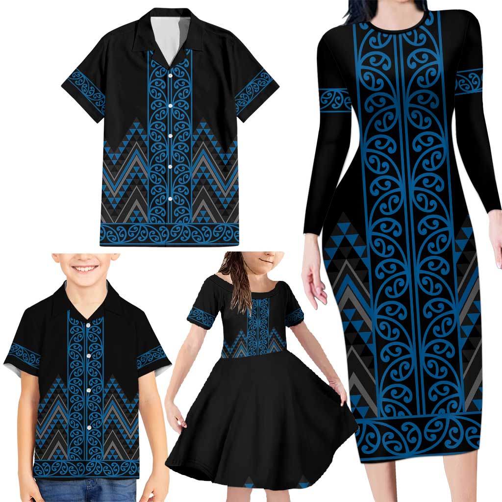 Blue Aotearoa Mangopare Kowhaiwhai and Niho Taniwha Family Matching Long Sleeve Bodycon Dress and Hawaiian Shirt Maori New Zealand