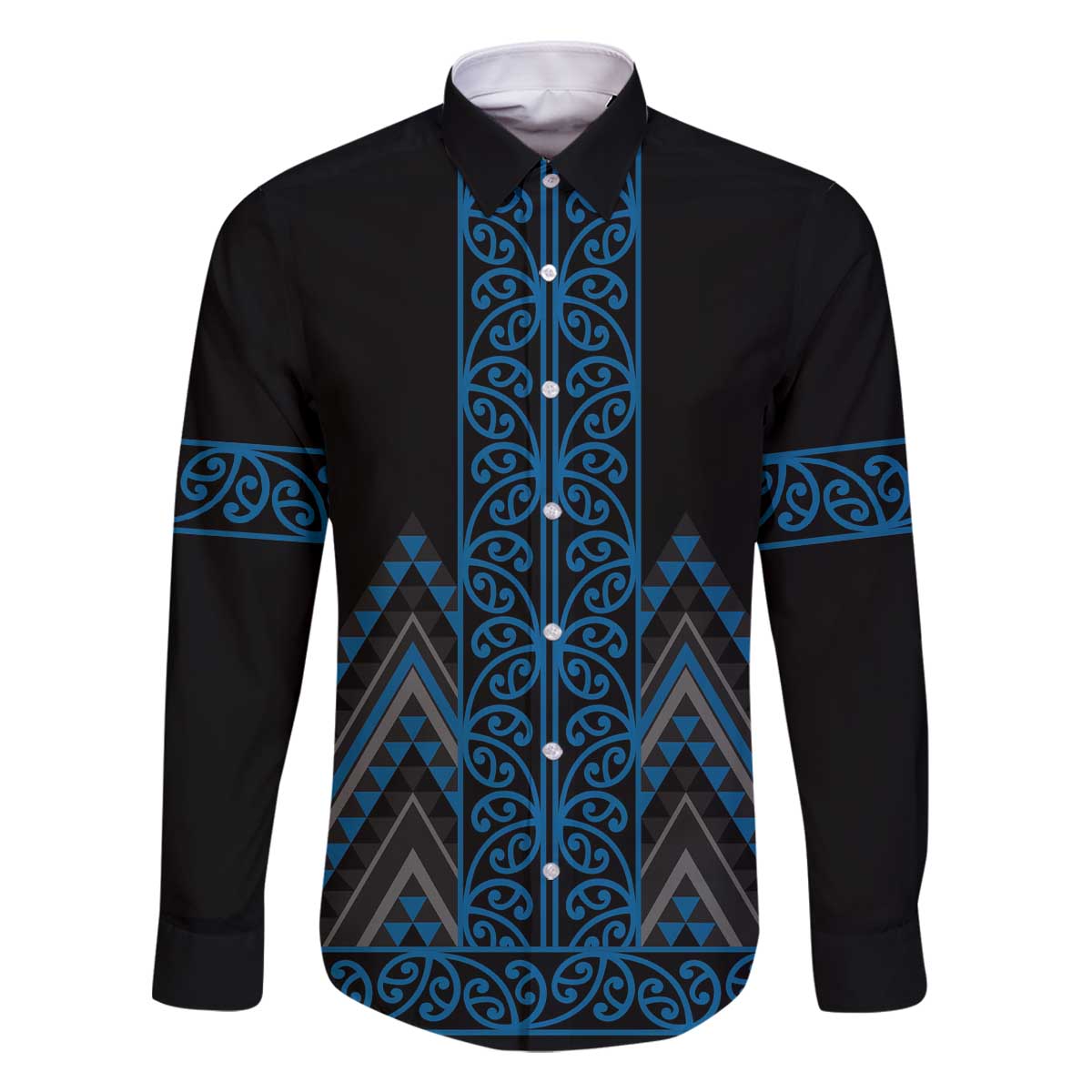 Blue Aotearoa Mangopare Kowhaiwhai and Niho Taniwha Family Matching Off The Shoulder Long Sleeve Dress and Hawaiian Shirt Maori New Zealand