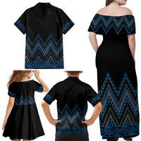 Blue Aotearoa Mangopare Kowhaiwhai and Niho Taniwha Family Matching Off Shoulder Maxi Dress and Hawaiian Shirt Maori New Zealand