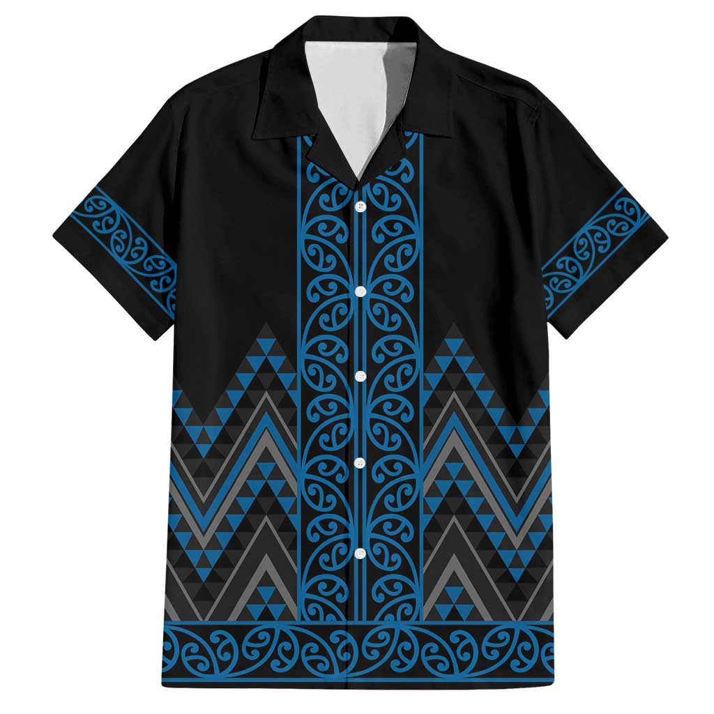 Blue Aotearoa Mangopare Kowhaiwhai and Niho Taniwha Family Matching Off Shoulder Maxi Dress and Hawaiian Shirt Maori New Zealand