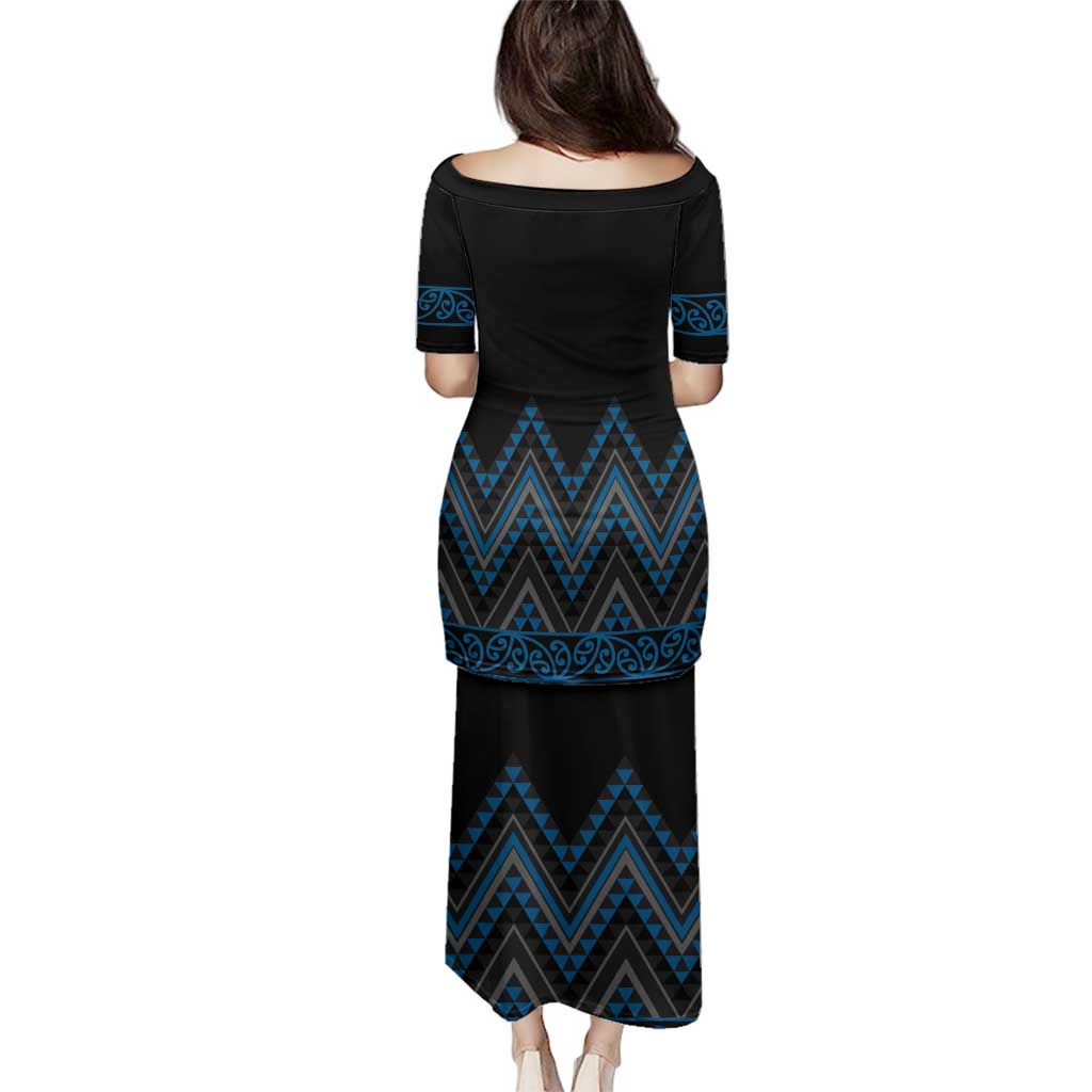 Blue Aotearoa Mangopare Kowhaiwhai and Niho Taniwha Family Matching Puletasi and Hawaiian Shirt Maori New Zealand