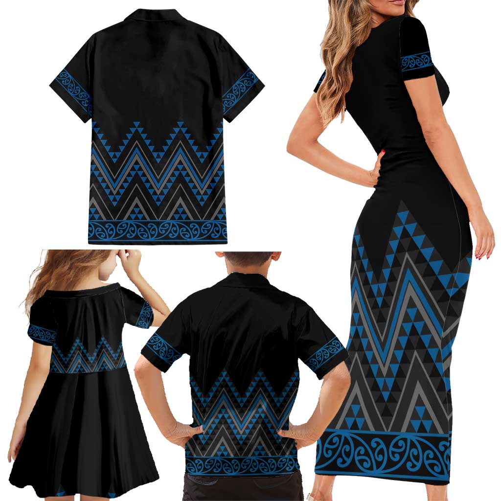 Blue Aotearoa Mangopare Kowhaiwhai and Niho Taniwha Family Matching Short Sleeve Bodycon Dress and Hawaiian Shirt Maori New Zealand