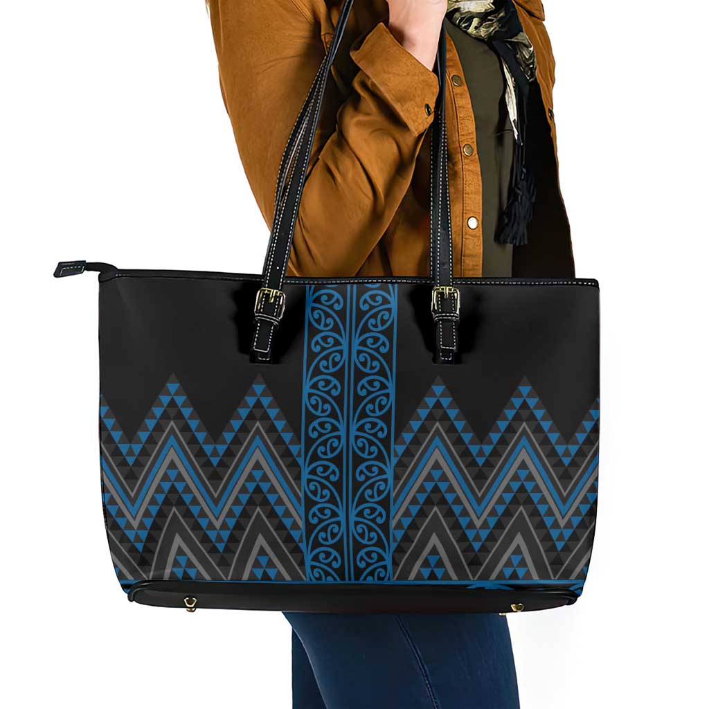 Blue Aotearoa Mangopare Kowhaiwhai and Niho Taniwha Leather Tote Bag Maori New Zealand
