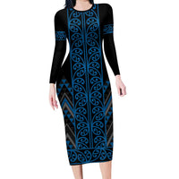 Blue Aotearoa Mangopare Kowhaiwhai and Niho Taniwha Long Sleeve Bodycon Dress Maori New Zealand
