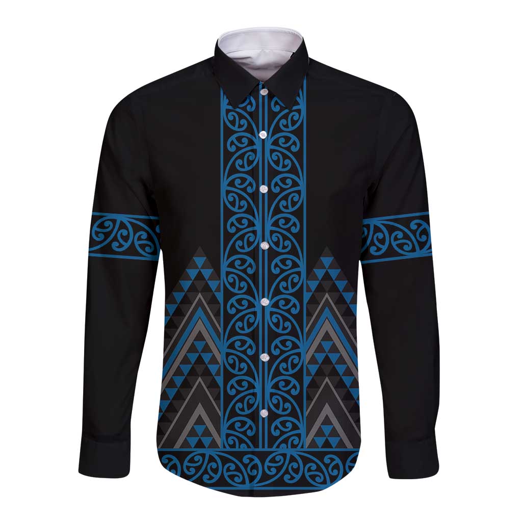 Blue Aotearoa Mangopare Kowhaiwhai and Niho Taniwha Long Sleeve Button Shirt Maori New Zealand