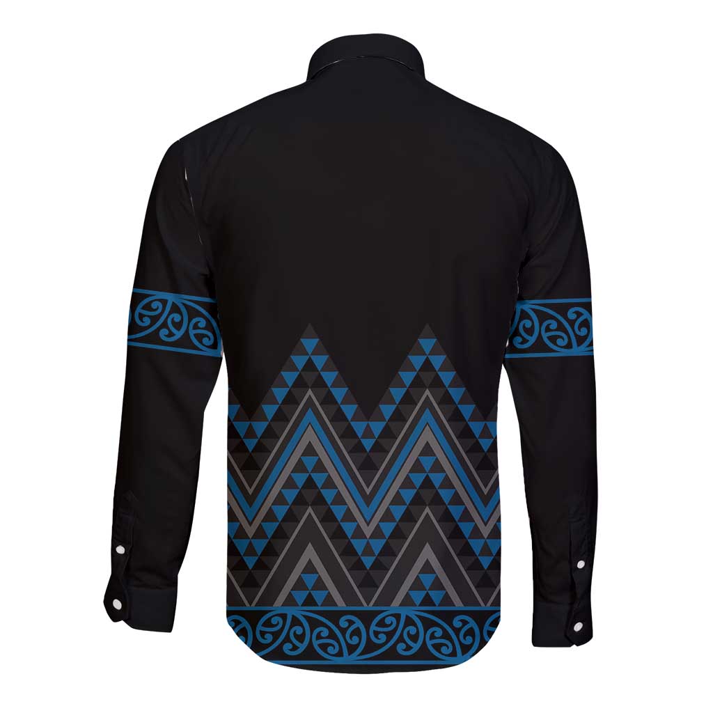 Blue Aotearoa Mangopare Kowhaiwhai and Niho Taniwha Long Sleeve Button Shirt Maori New Zealand
