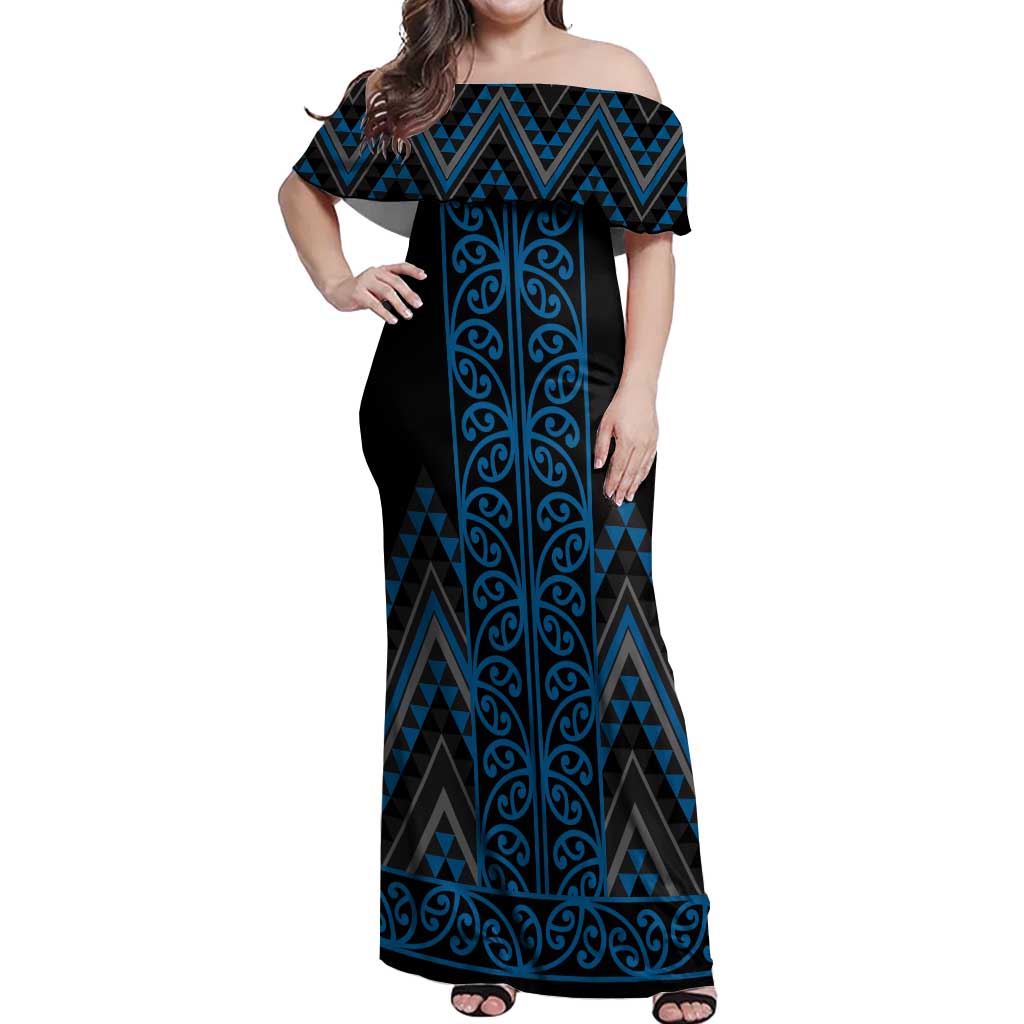 Blue Aotearoa Mangopare Kowhaiwhai and Niho Taniwha Off Shoulder Maxi Dress Maori New Zealand