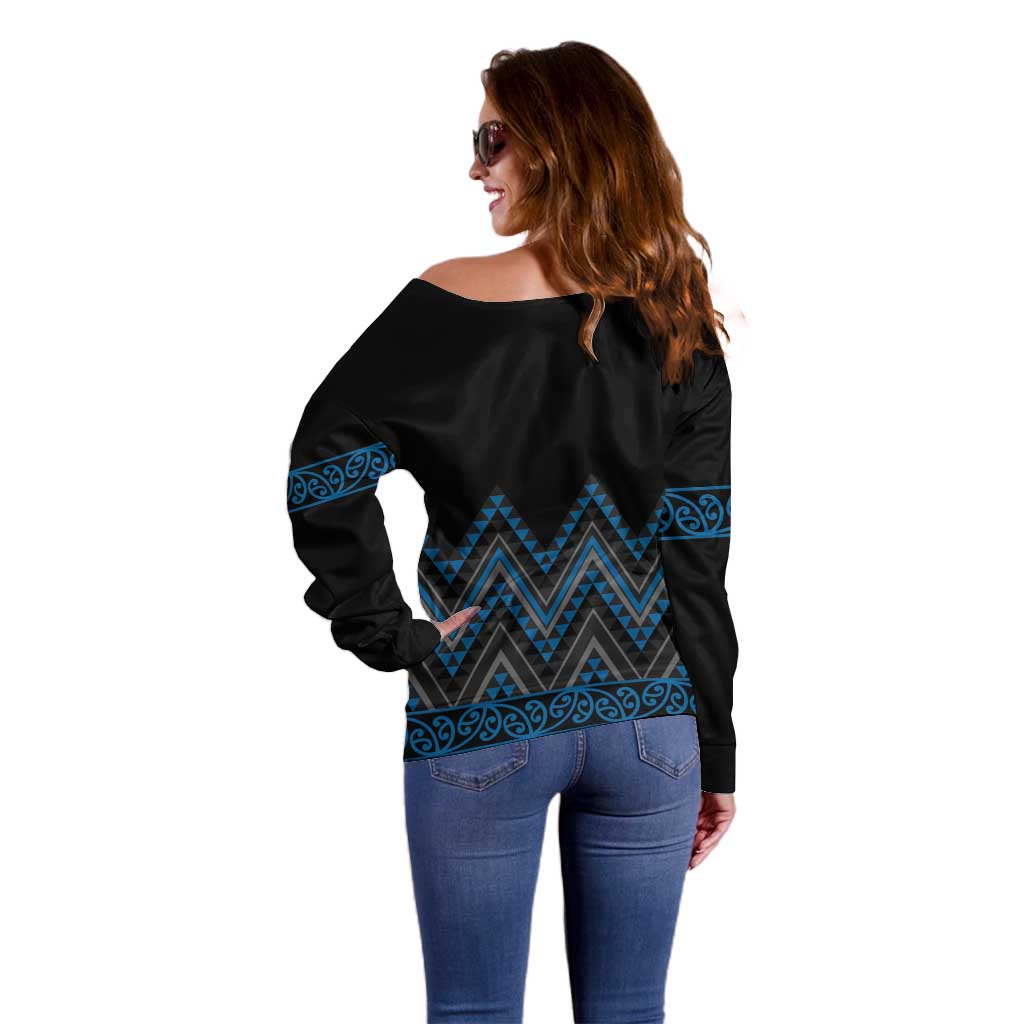 Blue Aotearoa Mangopare Kowhaiwhai and Niho Taniwha Off Shoulder Sweater Maori New Zealand