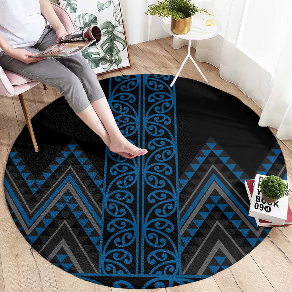 Blue Aotearoa Mangopare Kowhaiwhai and Niho Taniwha Round Carpet Maori New Zealand