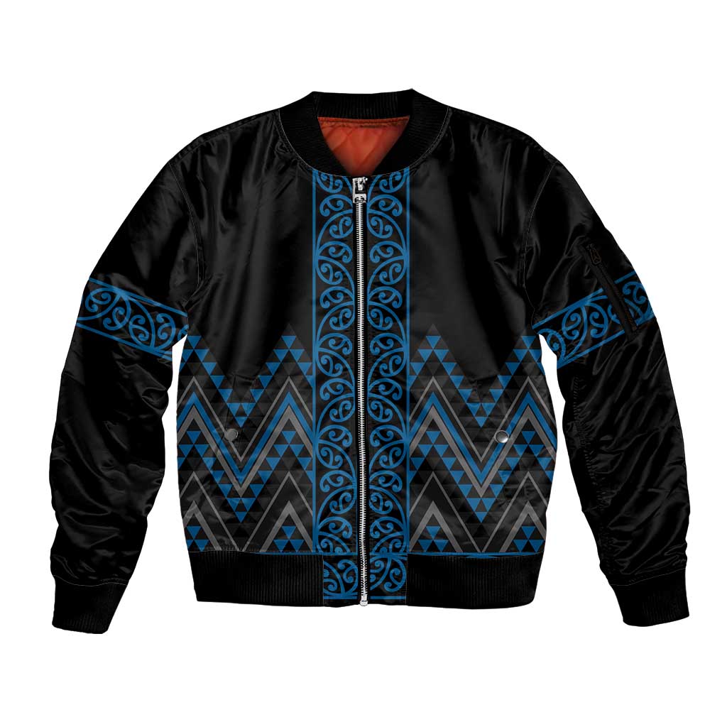 Blue Aotearoa Mangopare Kowhaiwhai and Niho Taniwha Sleeve Zip Bomber Jacket Maori New Zealand