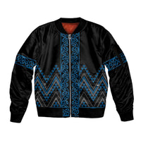 Blue Aotearoa Mangopare Kowhaiwhai and Niho Taniwha Sleeve Zip Bomber Jacket Maori New Zealand