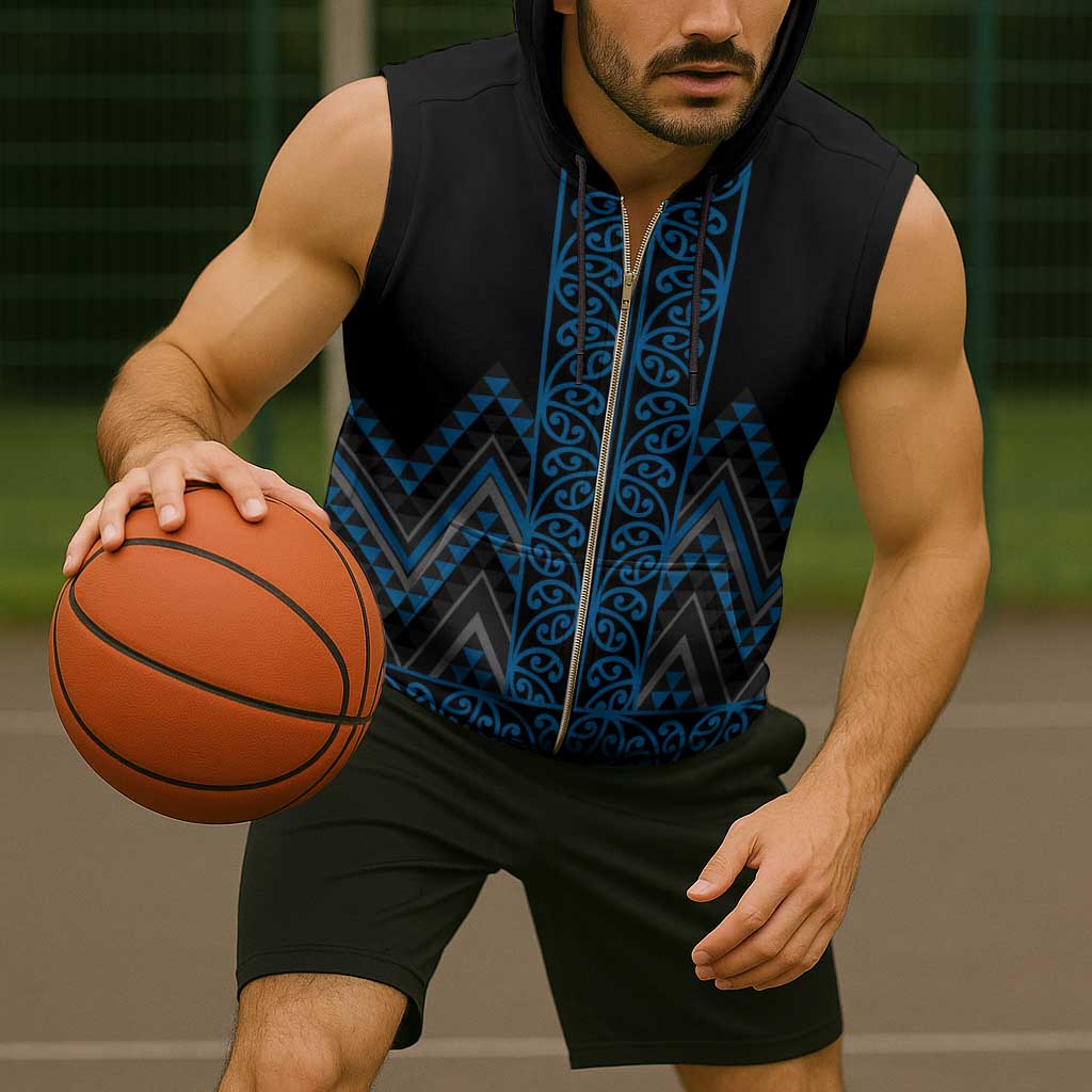 Blue Aotearoa Mangopare Kowhaiwhai Niho Taniwha Sleeveless Zip Hoodie Maori New Zealand - Polynesian Pride