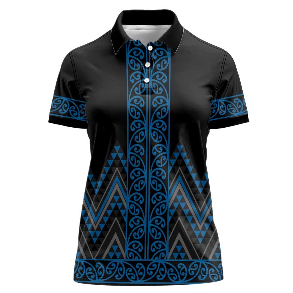 Blue Aotearoa Mangopare Kowhaiwhai and Niho Taniwha Women Polo Shirt Maori New Zealand