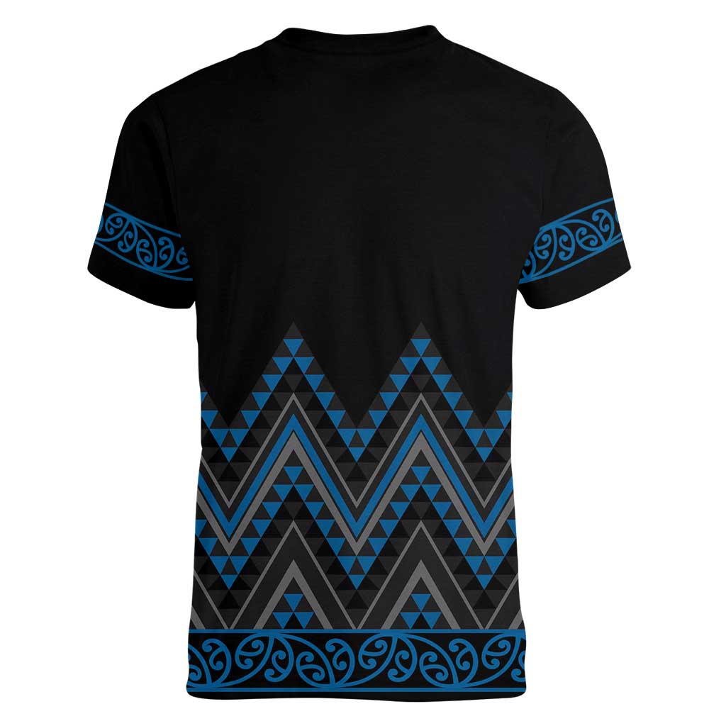 Blue Aotearoa Mangopare Kowhaiwhai and Niho Taniwha Women V-Neck T-Shirt Maori New Zealand