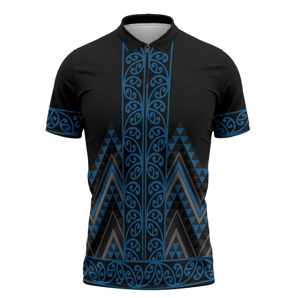 Blue Aotearoa Mangopare Kowhaiwhai Niho Taniwha Zipper Polo Shirt Maori New Zealand - Polynesian Pride