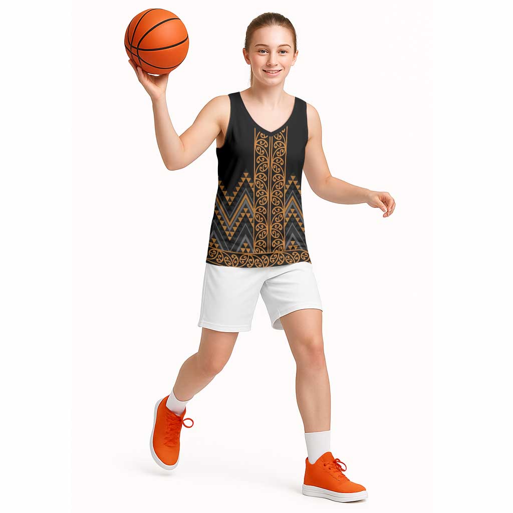 Gold Aotearoa Mangopare Kowhaiwhai Niho Taniwha Basketball Jersey Maori New Zealand - Polynesian Pride