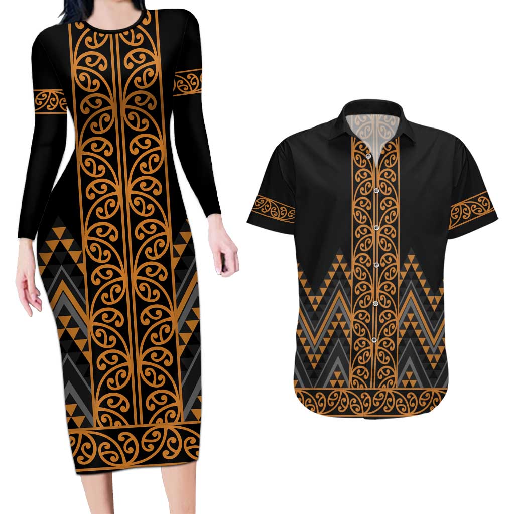 Gold Aotearoa Mangopare Kowhaiwhai and Niho Taniwha Couples Matching Long Sleeve Bodycon Dress and Hawaiian Shirt Maori New Zealand