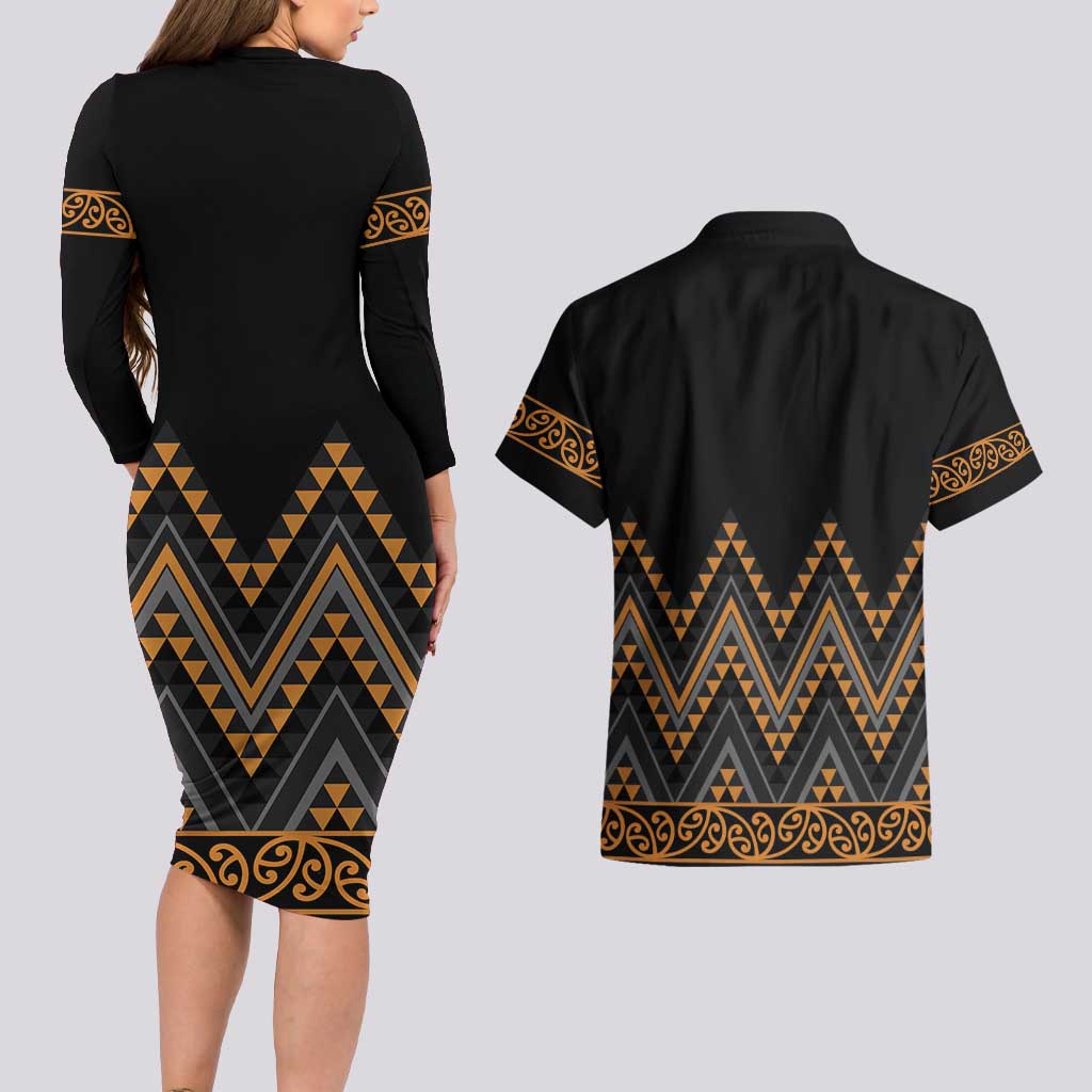 Gold Aotearoa Mangopare Kowhaiwhai and Niho Taniwha Couples Matching Long Sleeve Bodycon Dress and Hawaiian Shirt Maori New Zealand
