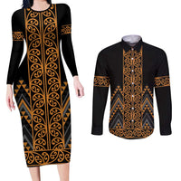 Gold Aotearoa Mangopare Kowhaiwhai and Niho Taniwha Couples Matching Long Sleeve Bodycon Dress and Long Sleeve Button Shirt Maori New Zealand