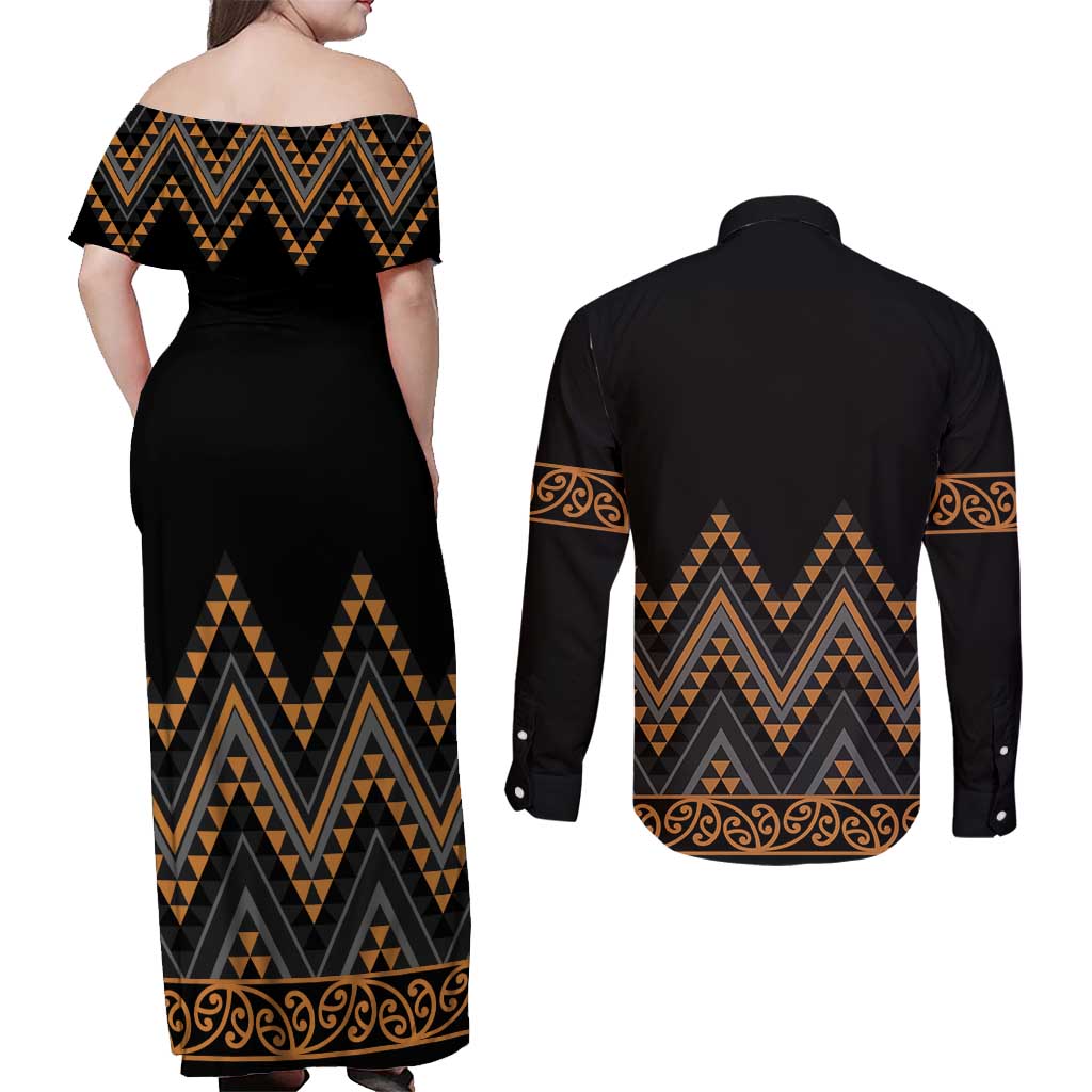 Gold Aotearoa Mangopare Kowhaiwhai and Niho Taniwha Couples Matching Off Shoulder Maxi Dress and Long Sleeve Button Shirt Maori New Zealand