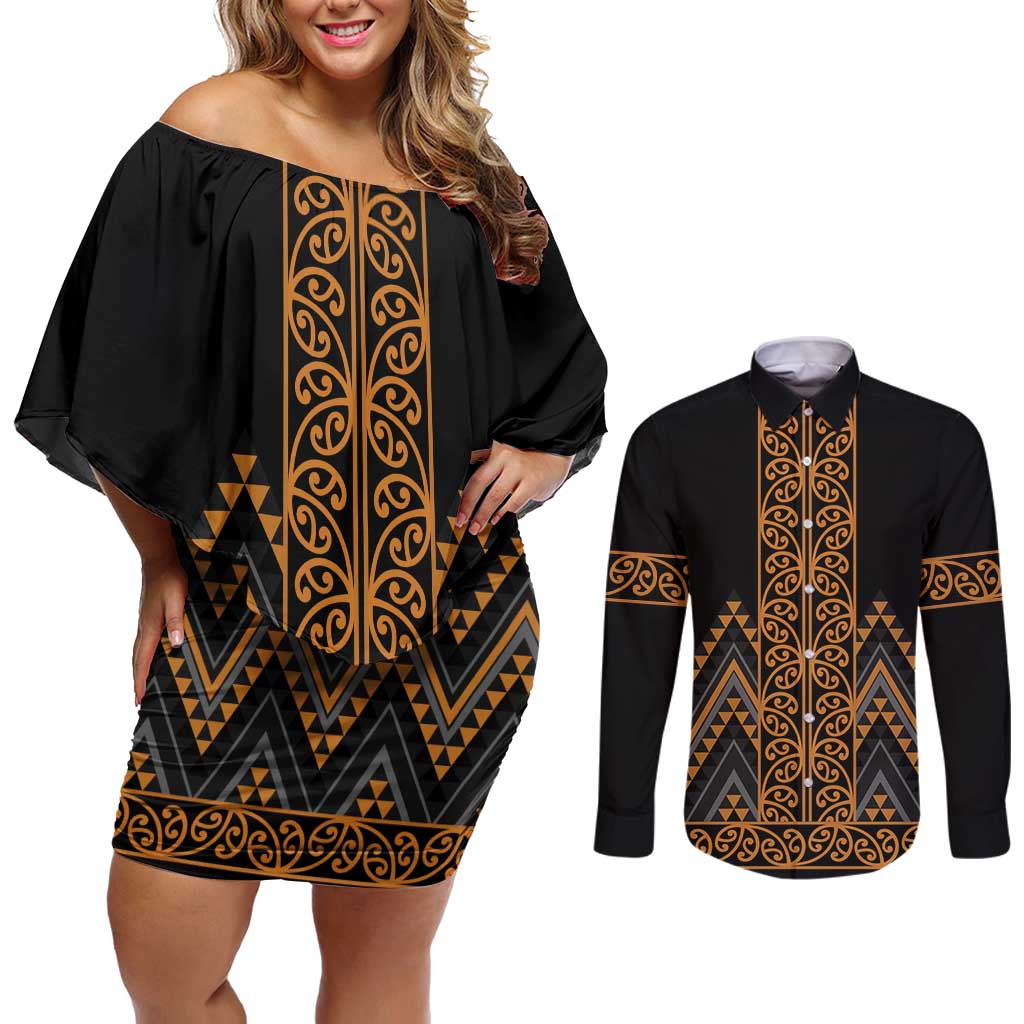 Gold Aotearoa Mangopare Kowhaiwhai and Niho Taniwha Couples Matching Off Shoulder Short Dress and Long Sleeve Button Shirt Maori New Zealand