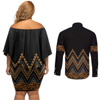Gold Aotearoa Mangopare Kowhaiwhai and Niho Taniwha Couples Matching Off Shoulder Short Dress and Long Sleeve Button Shirt Maori New Zealand