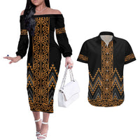 Gold Aotearoa Mangopare Kowhaiwhai and Niho Taniwha Couples Matching Off The Shoulder Long Sleeve Dress and Hawaiian Shirt Maori New Zealand