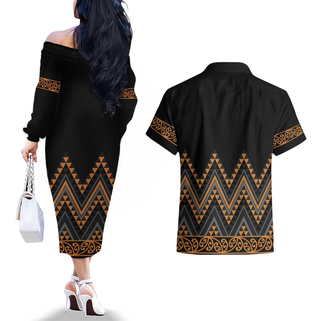 Gold Aotearoa Mangopare Kowhaiwhai and Niho Taniwha Couples Matching Off The Shoulder Long Sleeve Dress and Hawaiian Shirt Maori New Zealand