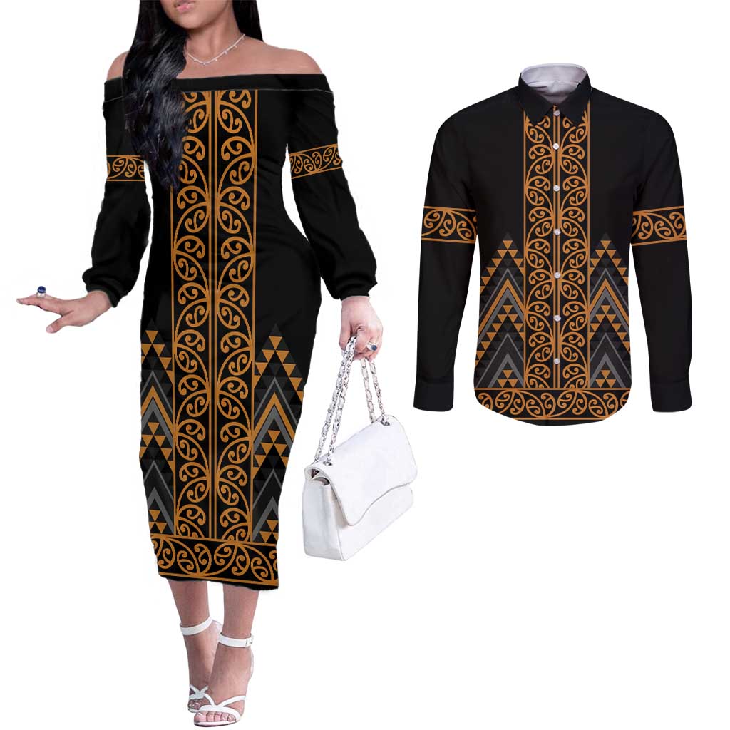 Gold Aotearoa Mangopare Kowhaiwhai and Niho Taniwha Couples Matching Off The Shoulder Long Sleeve Dress and Long Sleeve Button Shirt Maori New Zealand