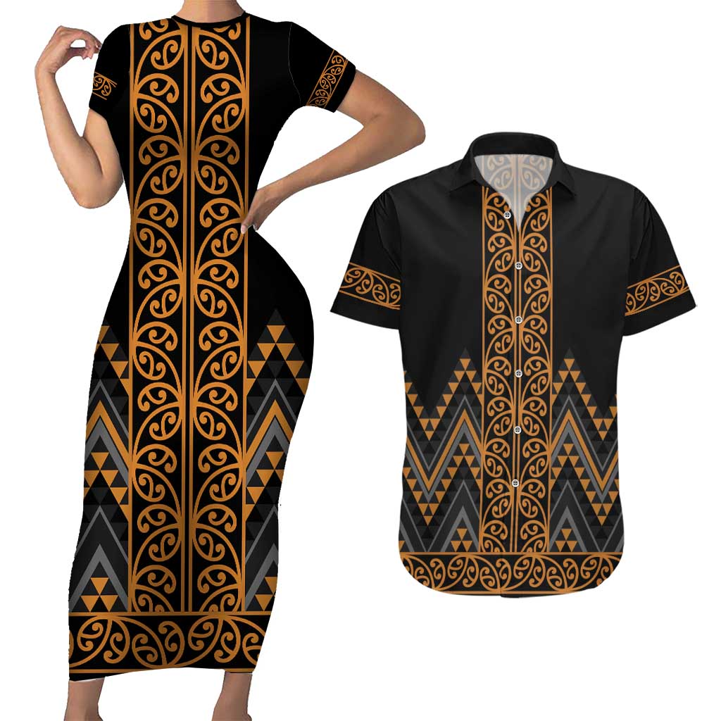 Gold Aotearoa Mangopare Kowhaiwhai and Niho Taniwha Couples Matching Short Sleeve Bodycon Dress and Hawaiian Shirt Maori New Zealand