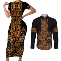 Gold Aotearoa Mangopare Kowhaiwhai and Niho Taniwha Couples Matching Short Sleeve Bodycon Dress and Long Sleeve Button Shirt Maori New Zealand