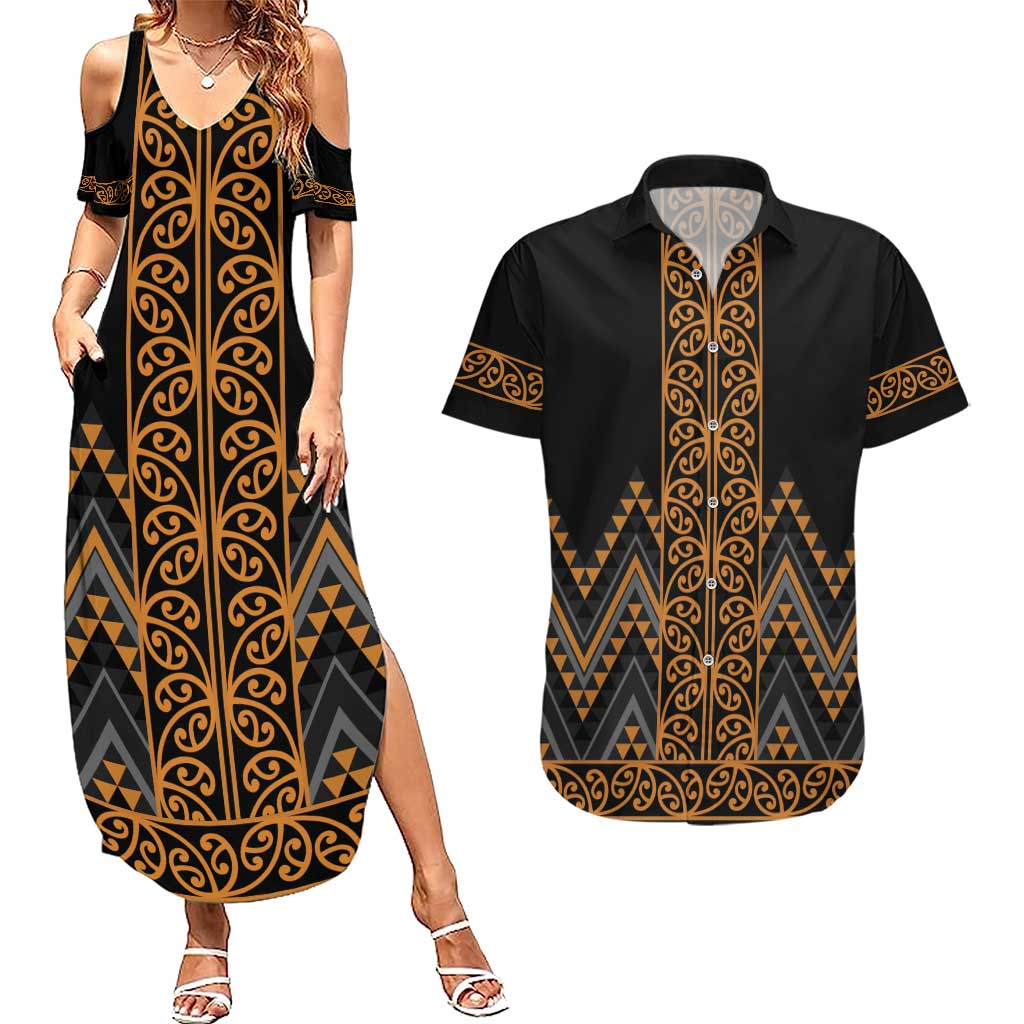 Gold Aotearoa Mangopare Kowhaiwhai and Niho Taniwha Couples Matching Summer Maxi Dress and Hawaiian Shirt Maori New Zealand
