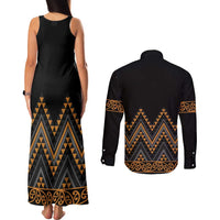 Gold Aotearoa Mangopare Kowhaiwhai and Niho Taniwha Couples Matching Tank Maxi Dress and Long Sleeve Button Shirt Maori New Zealand
